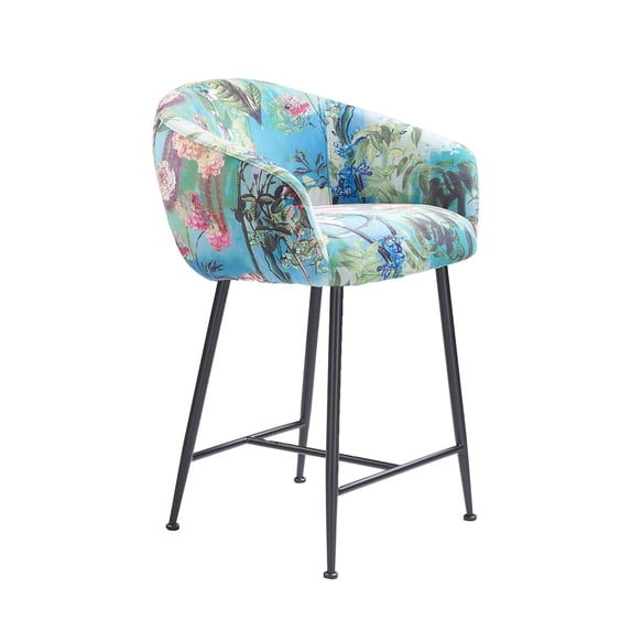 Benjara 26 Inch Counter Stool Chair, Botanical Floral Print Blue Velvet, Black Legs