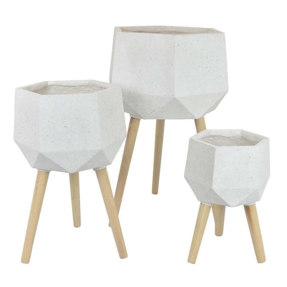 Benjara 26 Inch Planter with Stand Set of 3, Wood Tripod Legs, Resin, White, Brown