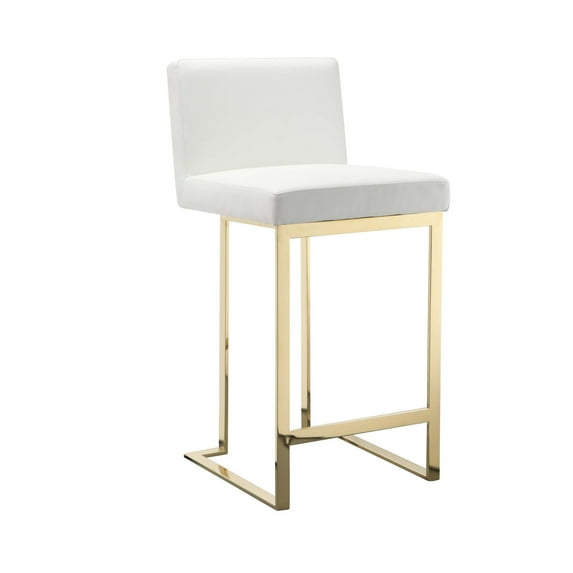Benjara Boly 26 Inch Counter Stool, Cushioned White Faux Leather, Gold Cantilever
