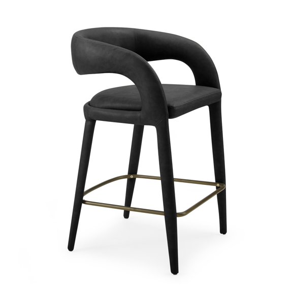 Benjara Cid Taya 26 Inch Counter Stool Chair, Curved Open Back, Black Faux Leather