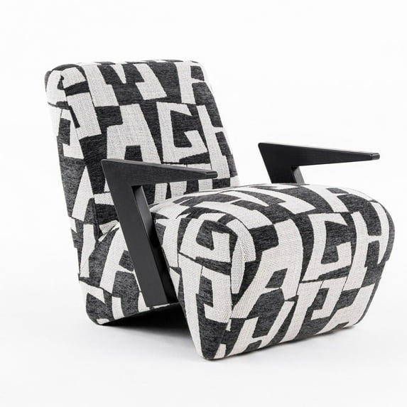 27 Inch Accent Chair, Polyester Black and White Geometric Pattern Print
