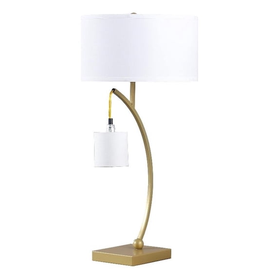 Jiya 29 Inch Arc Table Lamp, Hanging Design, 2 White Drum Shades, Gold