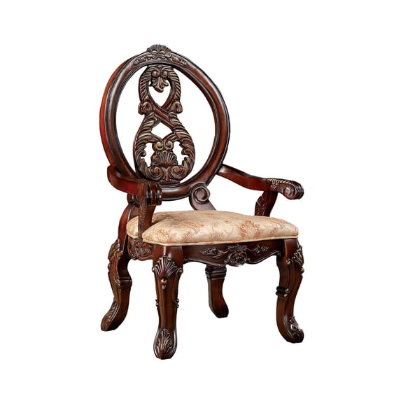 Benjara 28 Inch Dining Side Chair Set of 2, Brown Wood Carved Back, Beige Fabric