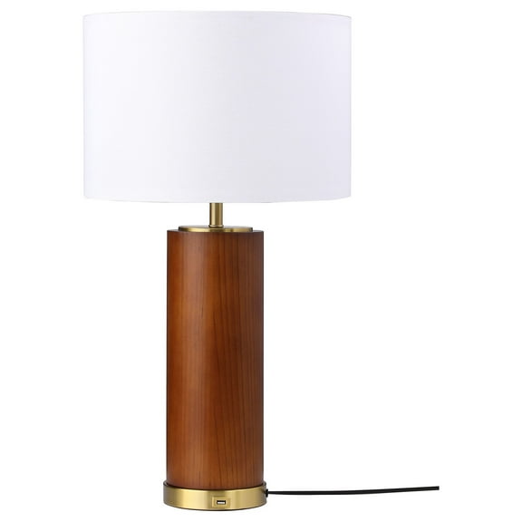 28 Inch Table Lamp, White Fabric Drum Shade, Gold Metal, Brown Bridge Base
