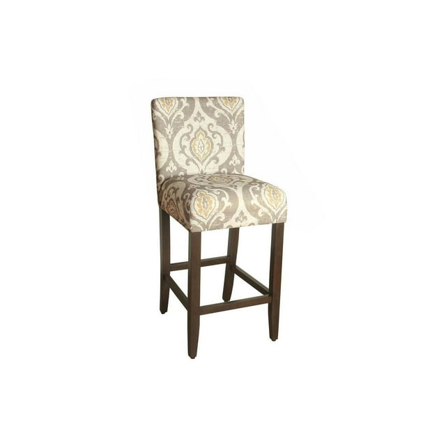 Benjara 29 in. Wooden Counter Height Stool with Damask Pattern Fabric