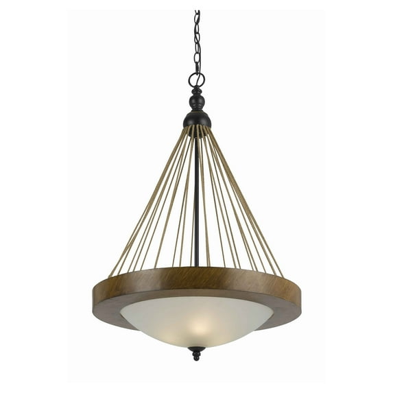 3 Bulb Pendant Fixture with Round Wooden Frame and Smoked Glass Shade,Brown- Saltoro Sherpi