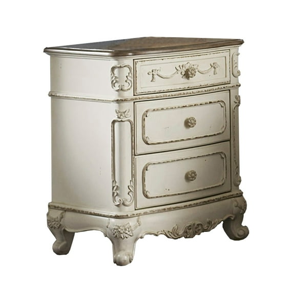 3 Drawer Nightstand with Floral Motif Carving Details, Antique White and Brown