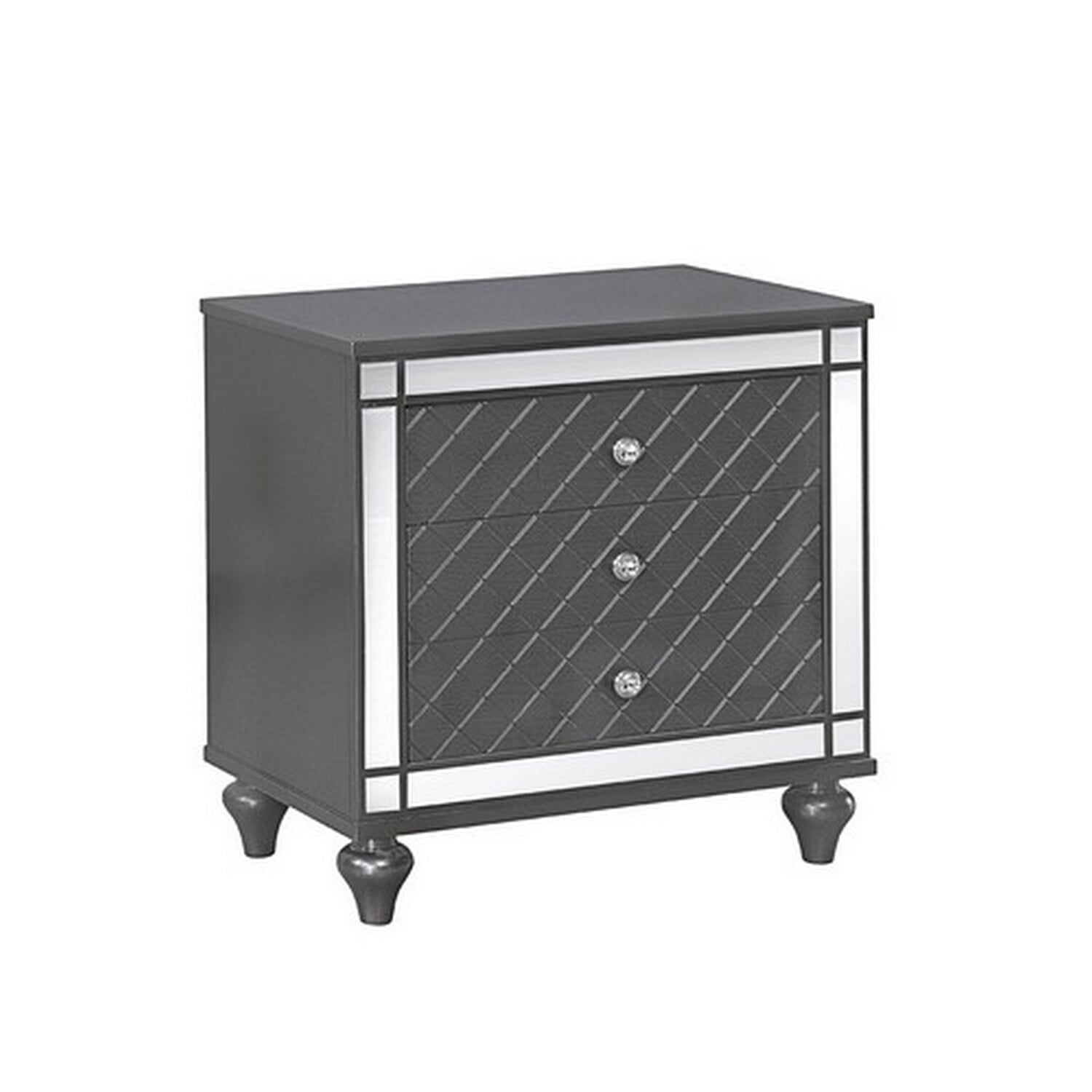 Contemporary Gray Wooden Nightstand with Diamond Mirror Inlay, 3 Drawers