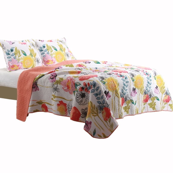 Benjara 3 Piece Cotton King Size Quilt Set with Stencil Flower Print- Multicolor