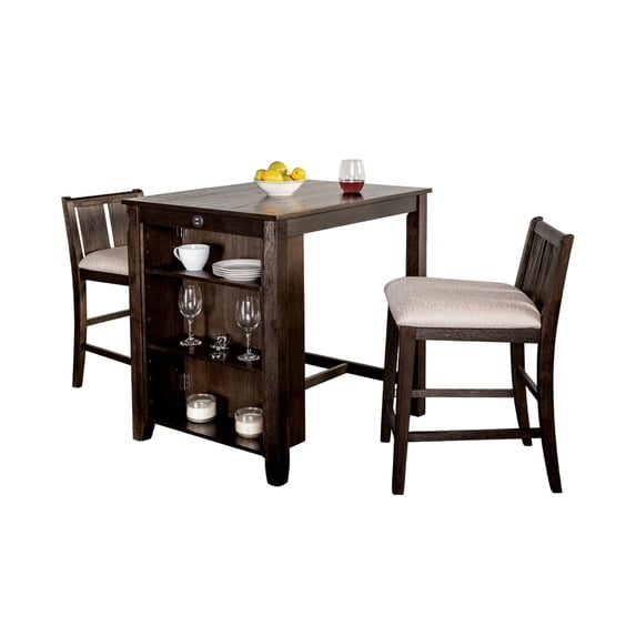 Benjara Lessi 3pc Counter Height Table Set with Side Shelf, USB , Cherry Brown Wood