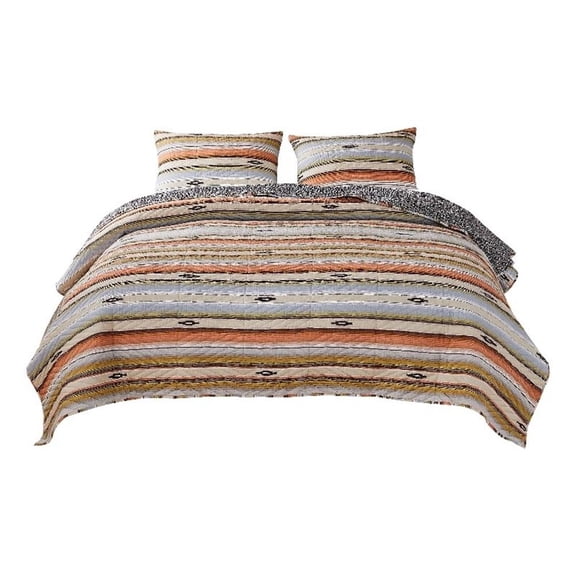 Benjara 3 Piece Microfiber King Size Quilt Set with Chevron Print- Multicolor