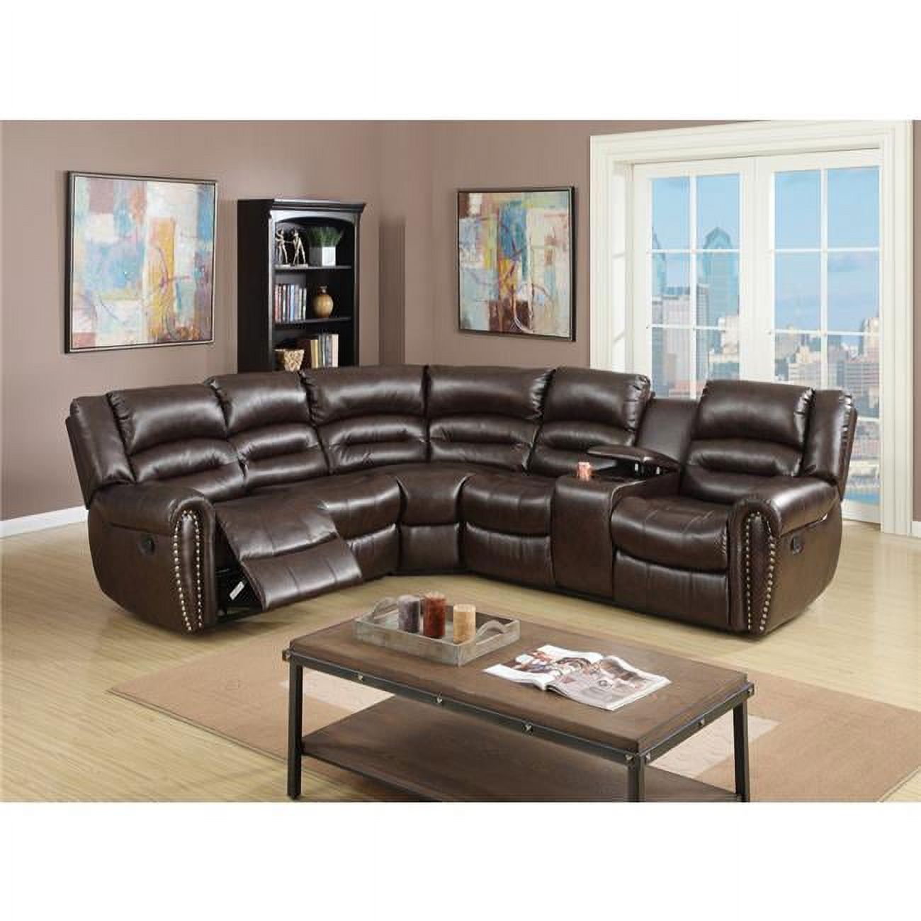 Benjara 3-Piece Modern Bonded Leather Reclining Sectional in Brown - image 1 of 2
