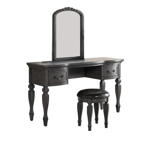 Benzara BM268886 60 x 19 x 54 in. Vanity Set with Carved Mirror & Turned Legs, Gray - 3 Piece