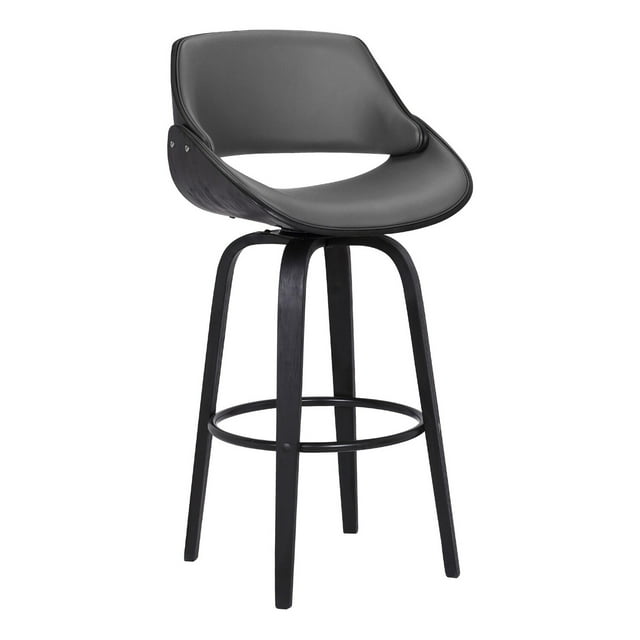 30 Inch Leatherette and Wooden Swivel Barstool, Black and Gray - Saltoro Sherpi
