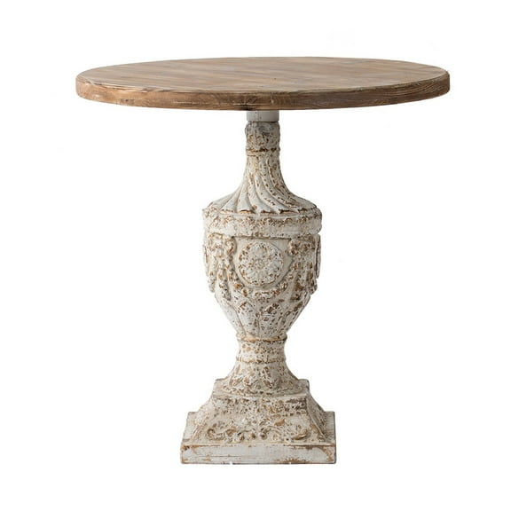 Benjara 31" Accent Side Table- Pedestal Urn Base- Round Top- Antique White