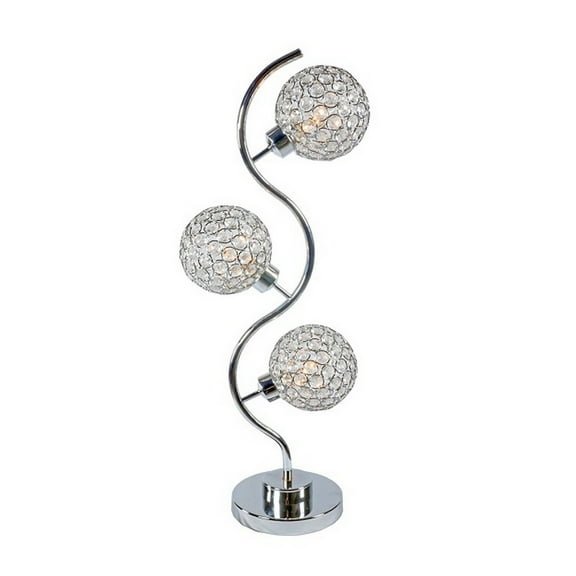 Benjara Denise 32 Inch Table Lamp, Metal Frame, Round Base Glass, Crystals, Silver