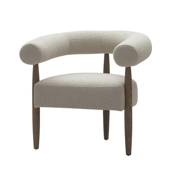 Benjara Cid Archie 32 Inch Accent Chair, Beige Fabric, Rounded Back, Solid Wood