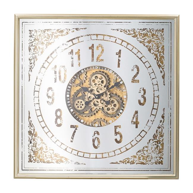 Square White and Brown Iron Wall Clock with Decorative Gears