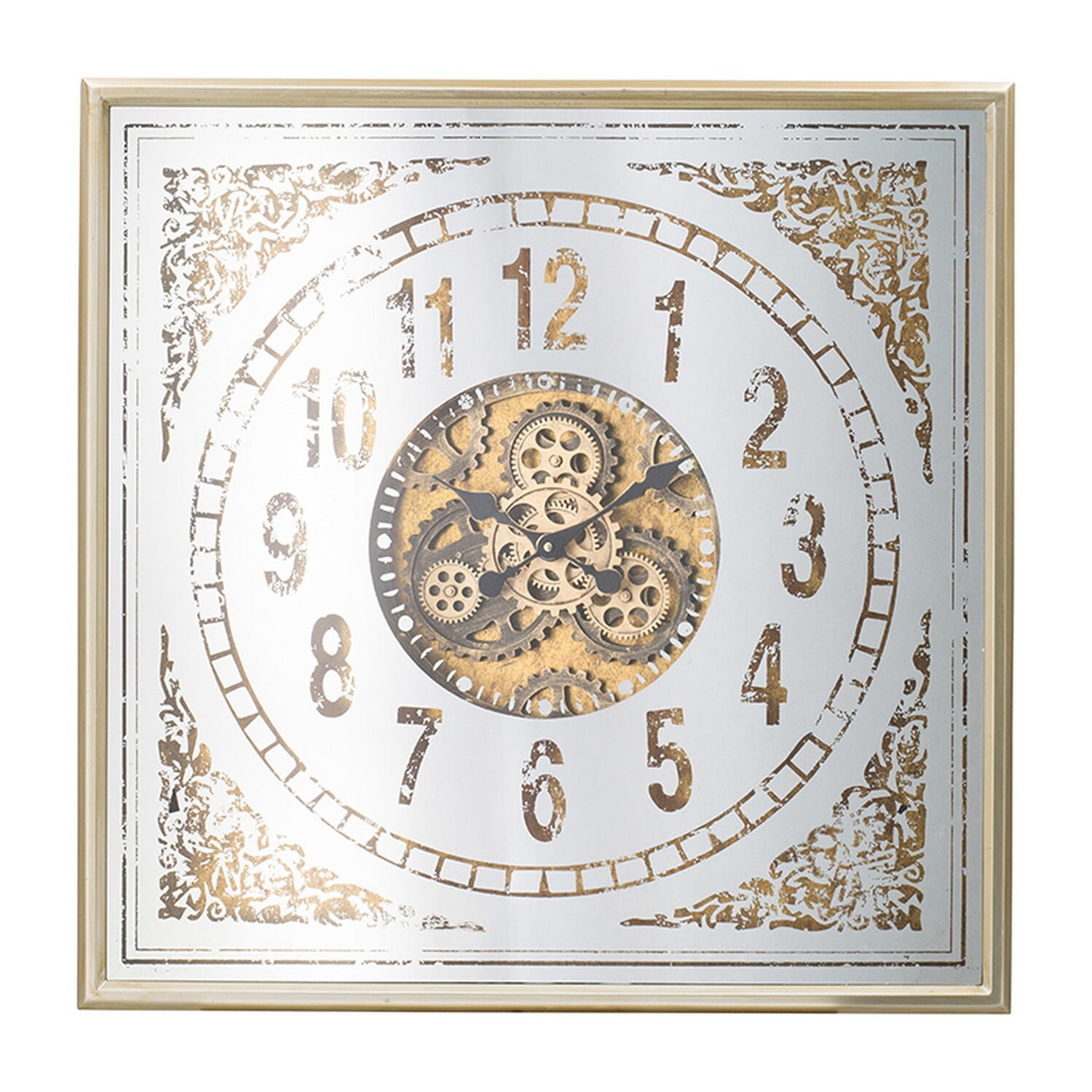 Square White and Brown Iron Wall Clock with Decorative Gears