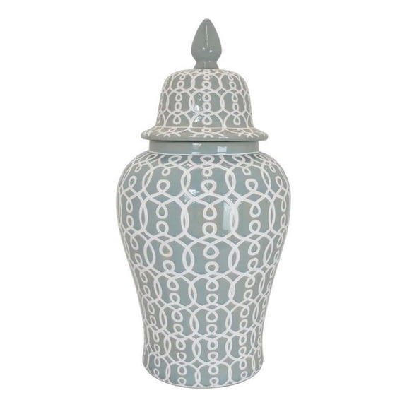 Benjara Deni 33" Temple Jar- Removable Lid- Carved Pattern- Ceramic- Mint Green