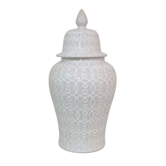 Benjara Deni 33 Inch Temple Jar, Removable Lid, Carved Pattern, Ceramic, White