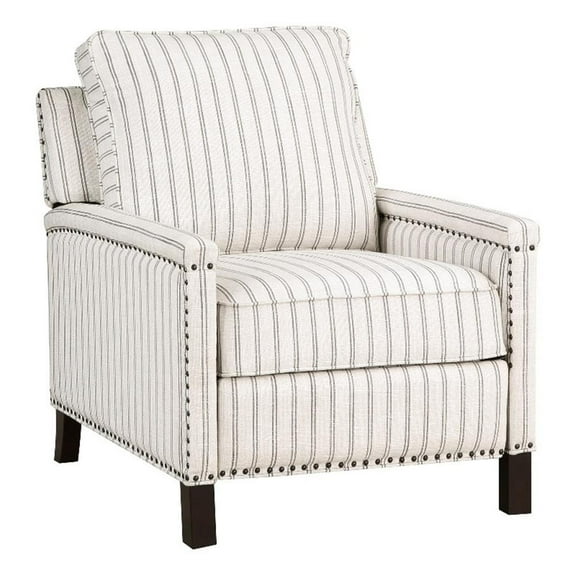 Claire 34 Inch Accent Chair- Push Recliner- Beige Gray Polyester Pinstripes