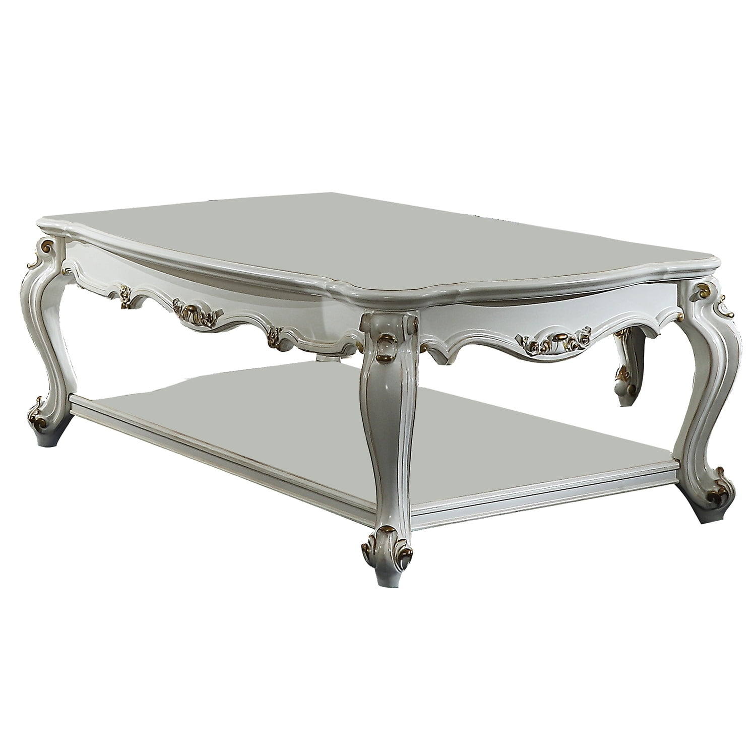 Elegant Antique Pearl White and Gold Rectangular Coffee Table with Storage Shelf