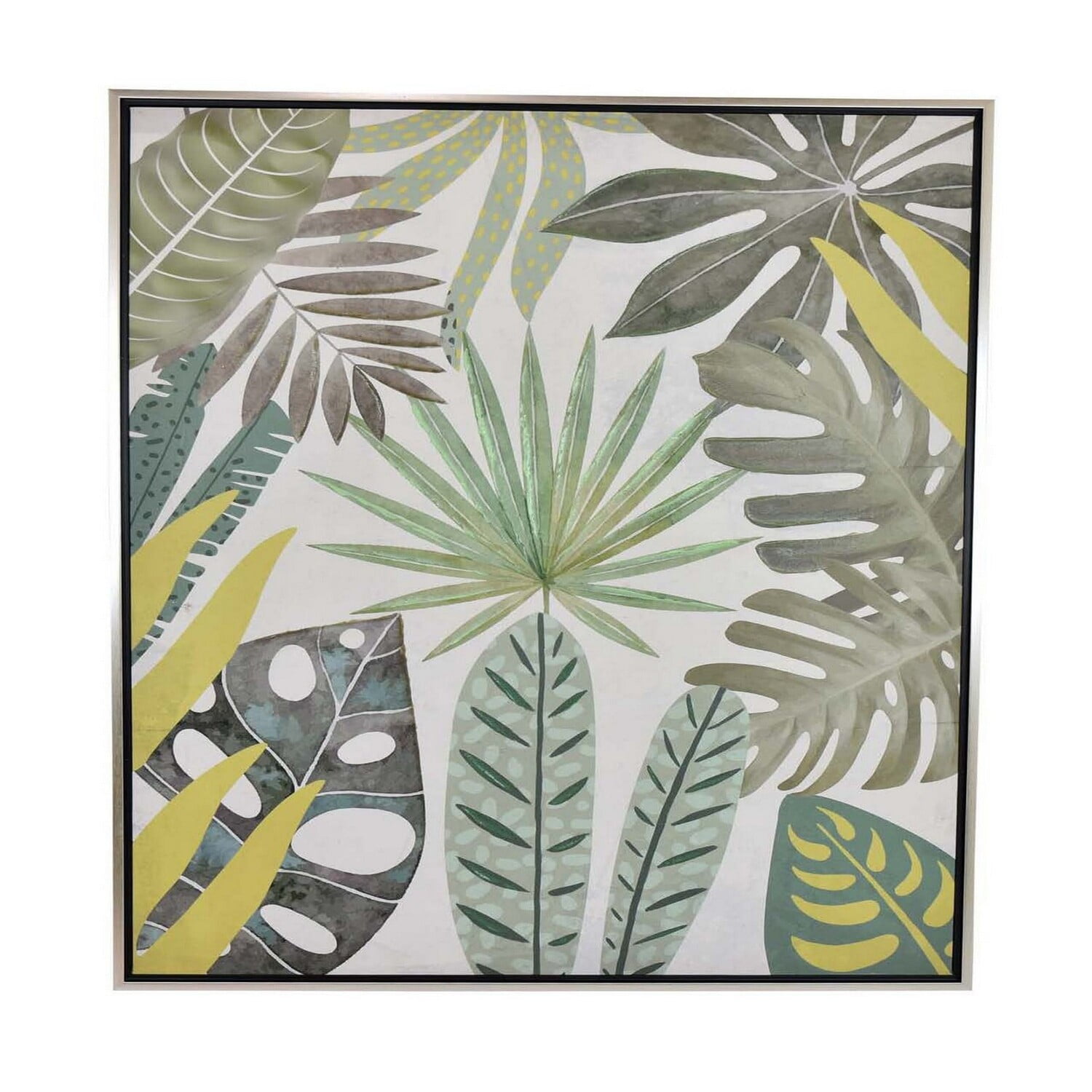 Green and Yellow Botanical Leaf Print Wall Art with Natural Fiber Frame