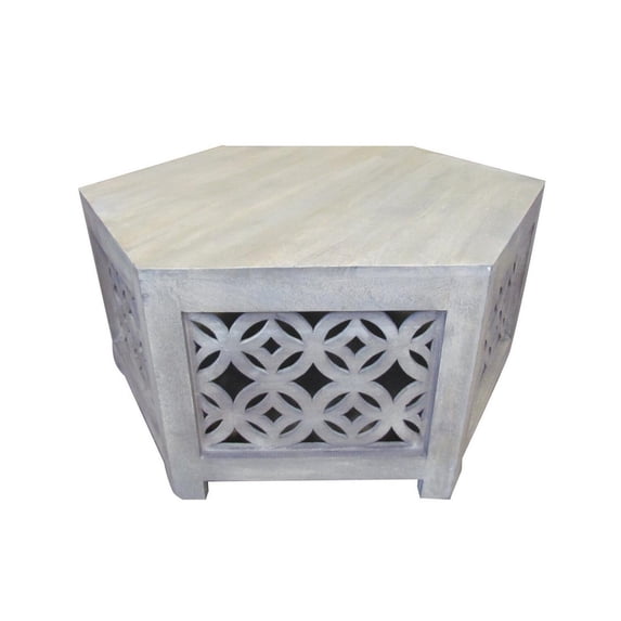 Benjara 39 Inch Artisan Hexagonal Coffee Table, Graphic Cutout Patterns, Gray Wood