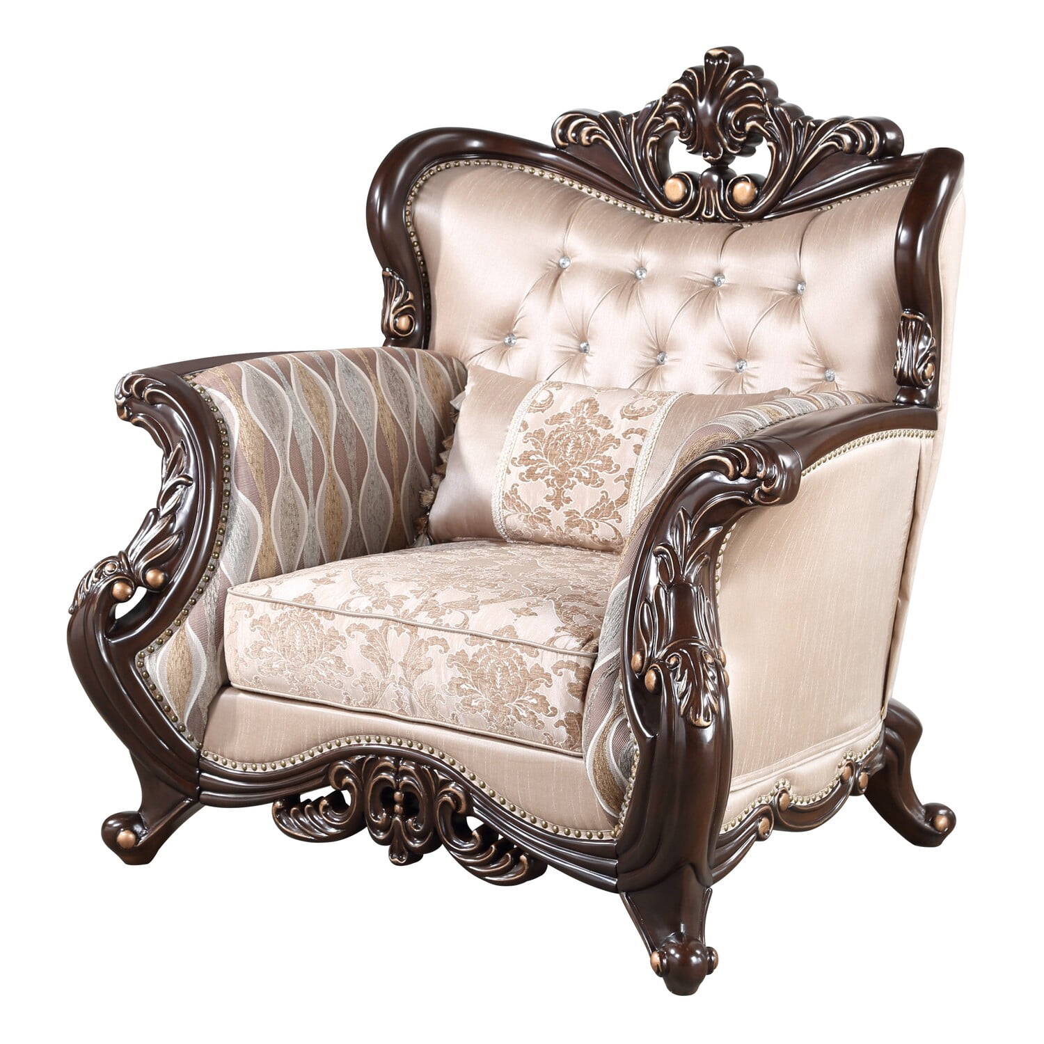Cona 39 Inch Accent Chair- Gold Carved Details- Brown- Button Tufted ...