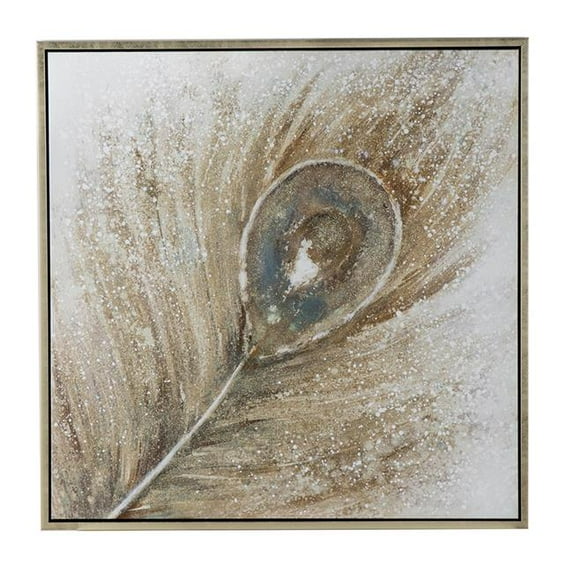Benjara 39 x 39 Handpainted Wall Art- Peacock Feather Painting- Blue and Gold