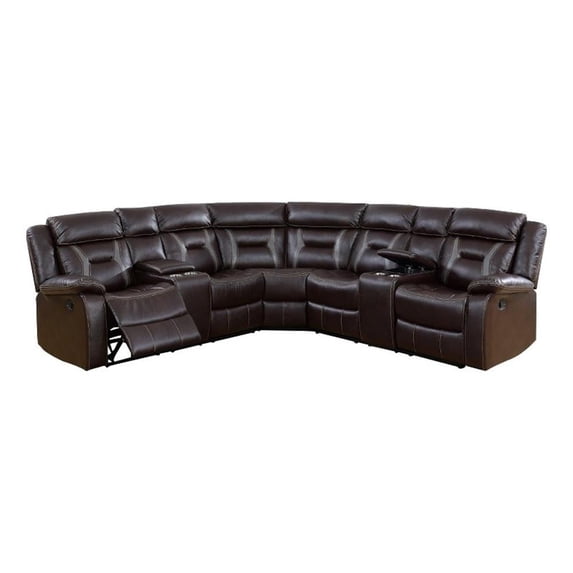Benjara 3pc Sectional Motion Power Recliner Sofa Set- Dark Brown Faux Leather