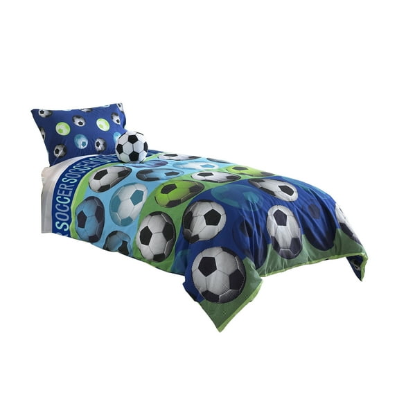 Benjara 4 Piece Full Size Comforter Set with Soccer Theme, Multicolor