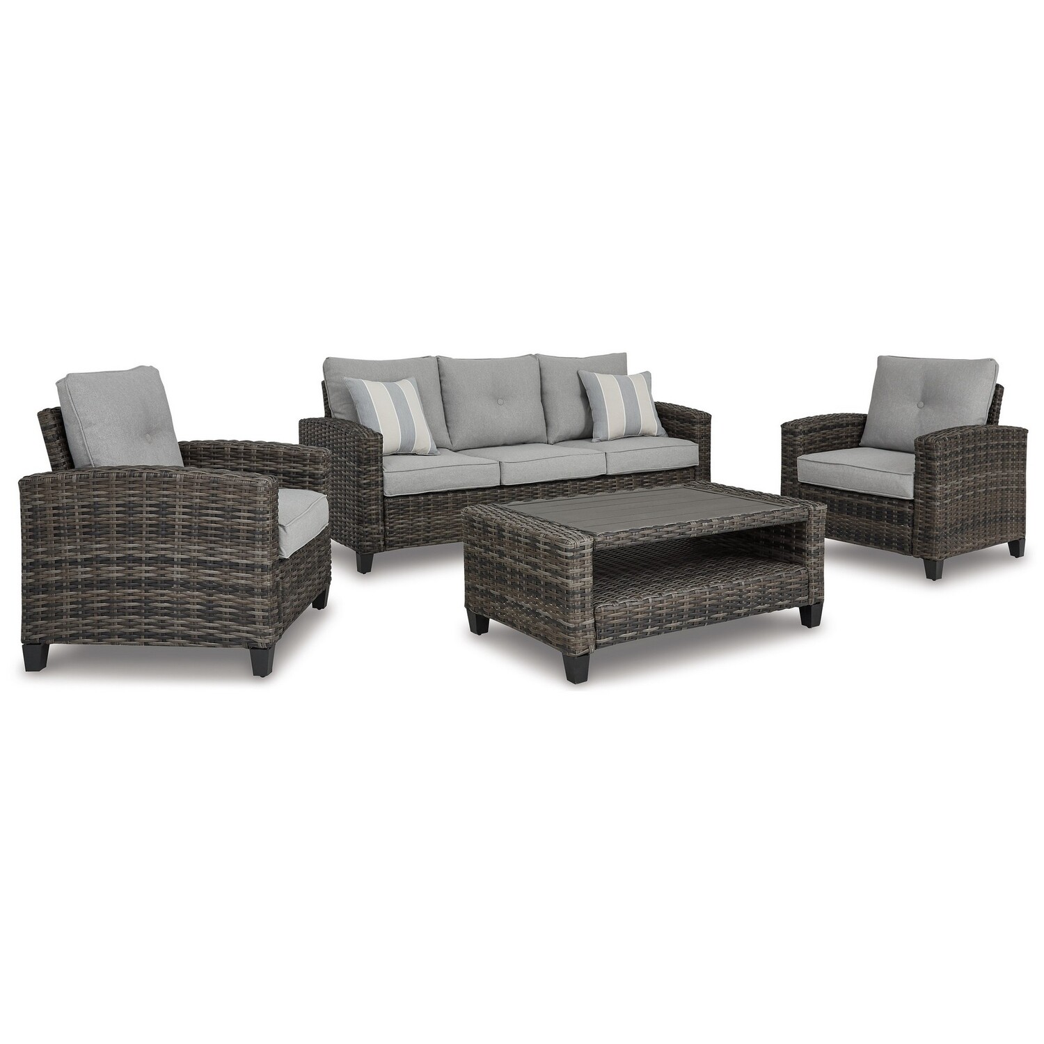 Benjara 4 Piece Outdoor Conversation Set, Woven Resin Wicker, Aluminum Frame, Gray