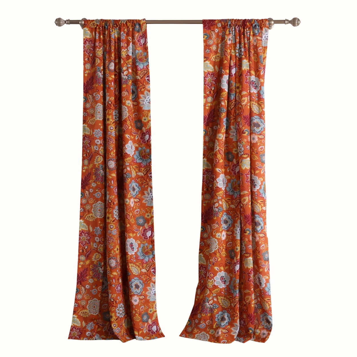 Vibrant Floral Orange Polyester Room-Darkening Window Panel Set