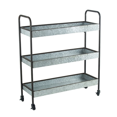 40 Inch Metal Rolling Cart 3 Tier Shelves Caster Wheels Galvanized Gray