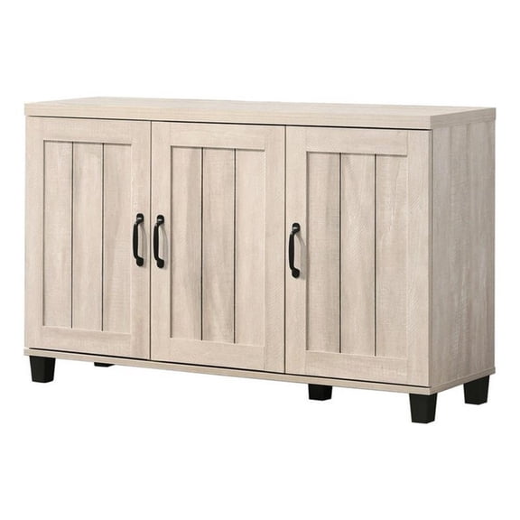 Benjara 45" 3 Door Sideboard Cabinet- 6 Shelves- 3 Door Handles- Ivory Gray