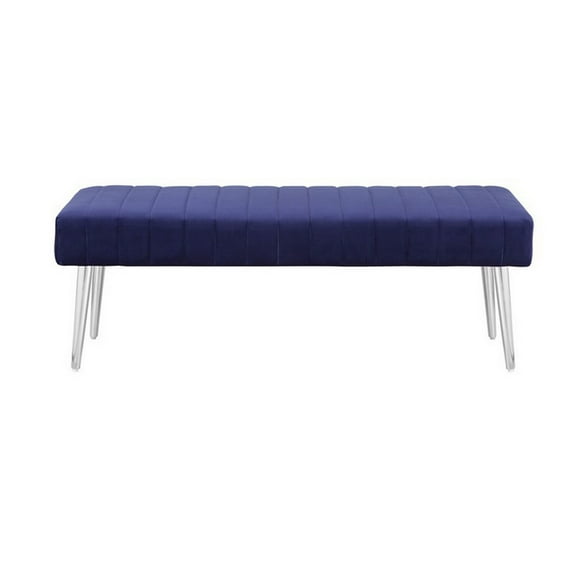 Benjara Lida 45 Inch Bench, Modern Tufted Lines, Blue Soft Velvet, Chrome Metal