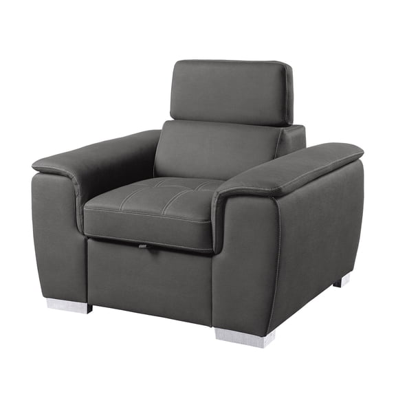 Rida 45 Inch Chair- Pull Out Ottoman- Adjustable Headrest- Solid Wood- Gray