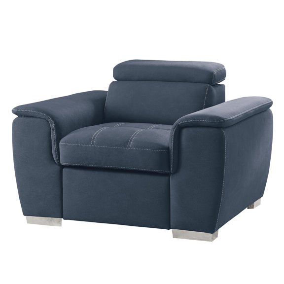 Rida 45 Inch Chair- Pull Out Ottoman- Adjustable Headrest- Solid Wood- Blue