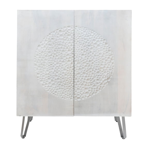 Benjara 47 Inch 2 Door Sideboard Cabinet, Honeycomb Texture, Metal Legs, White