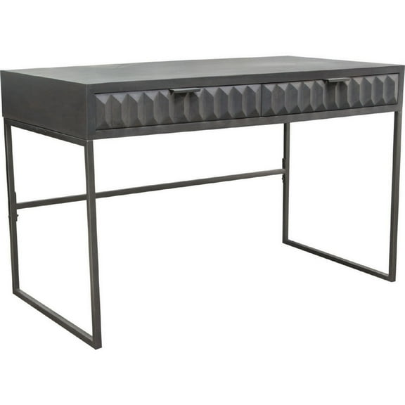 Fiva 47 Inch 2 Drawer Desk Embossed Geometric Patterns Smoke Gray Wood