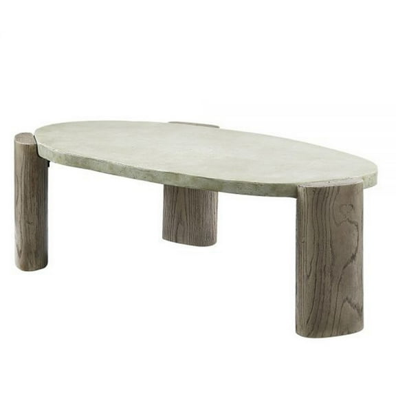 Benjara 47 Inch Coffee Table, Oval Shape Cement Top, Smooth Gray and Oak Brown