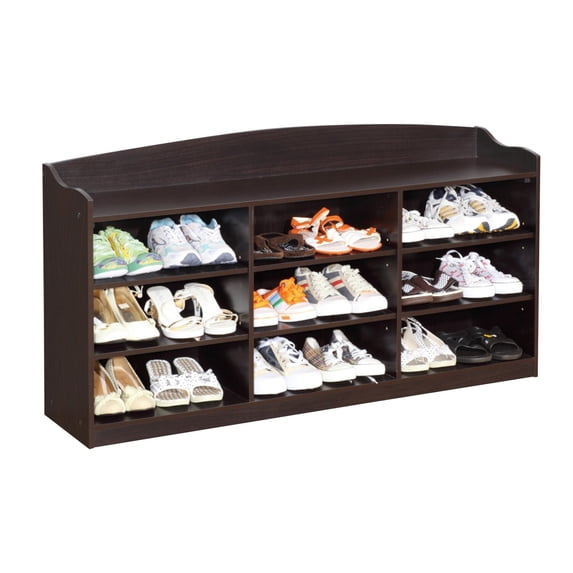 Benjara 48 Inch Classic Wood Shoe Rack, 9 Cubbies, Elegant Wood Grains, Dark Brown