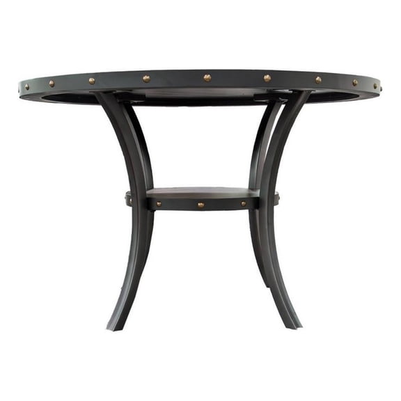 Sie 48 Inch Dining Table-Round Nailhead Trim Top with Shelf-Black Wood