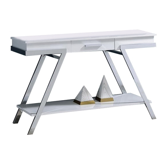 Tius 48 Inch Sofa Table-Open Shelf-Chrome Frame-High Gloss White Finish