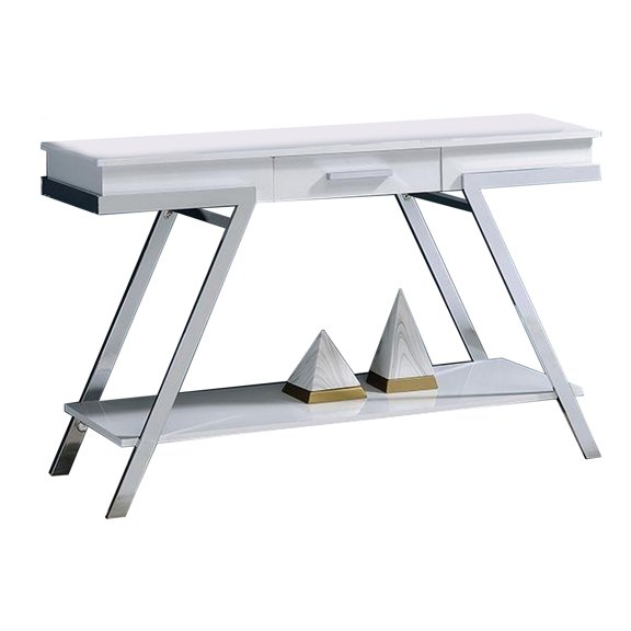 Tius 48 Inch Sofa Table-Open Shelf-Chrome Frame-High Gloss White Finish