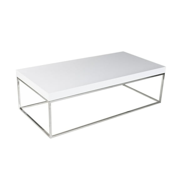 Zen 48 Inch Coffee Table, Rectangular White Lacquer Top, Chrome Steel Frame