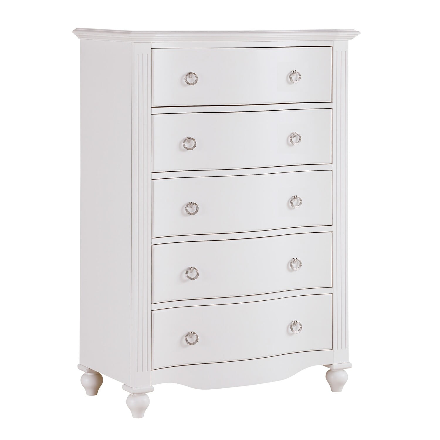 Benjara 5 Drawer Chest with Routed Pilasters and Turned Feet, White ...