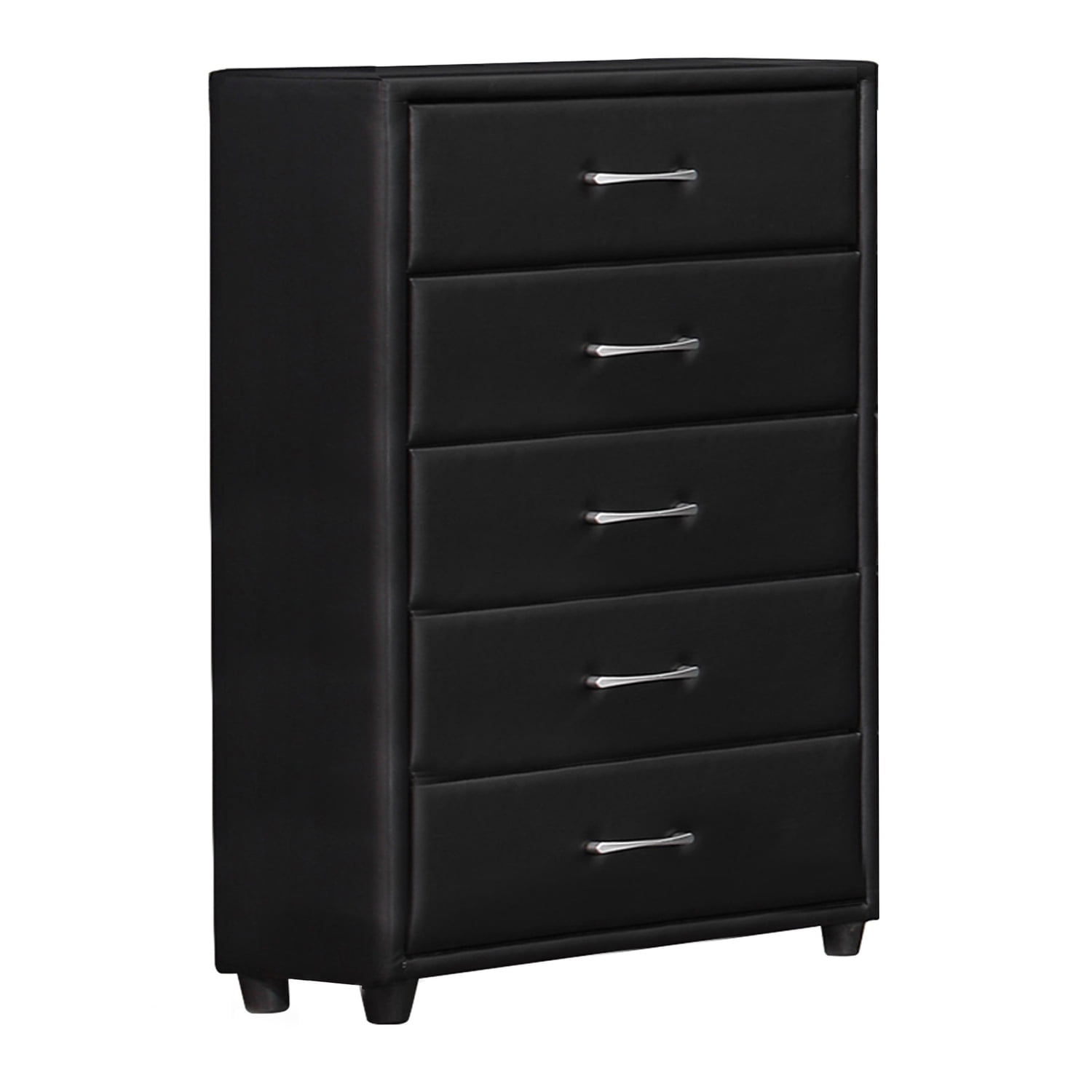 Transitional Black Faux Leather 5-Drawer Chest with Silver Pulls